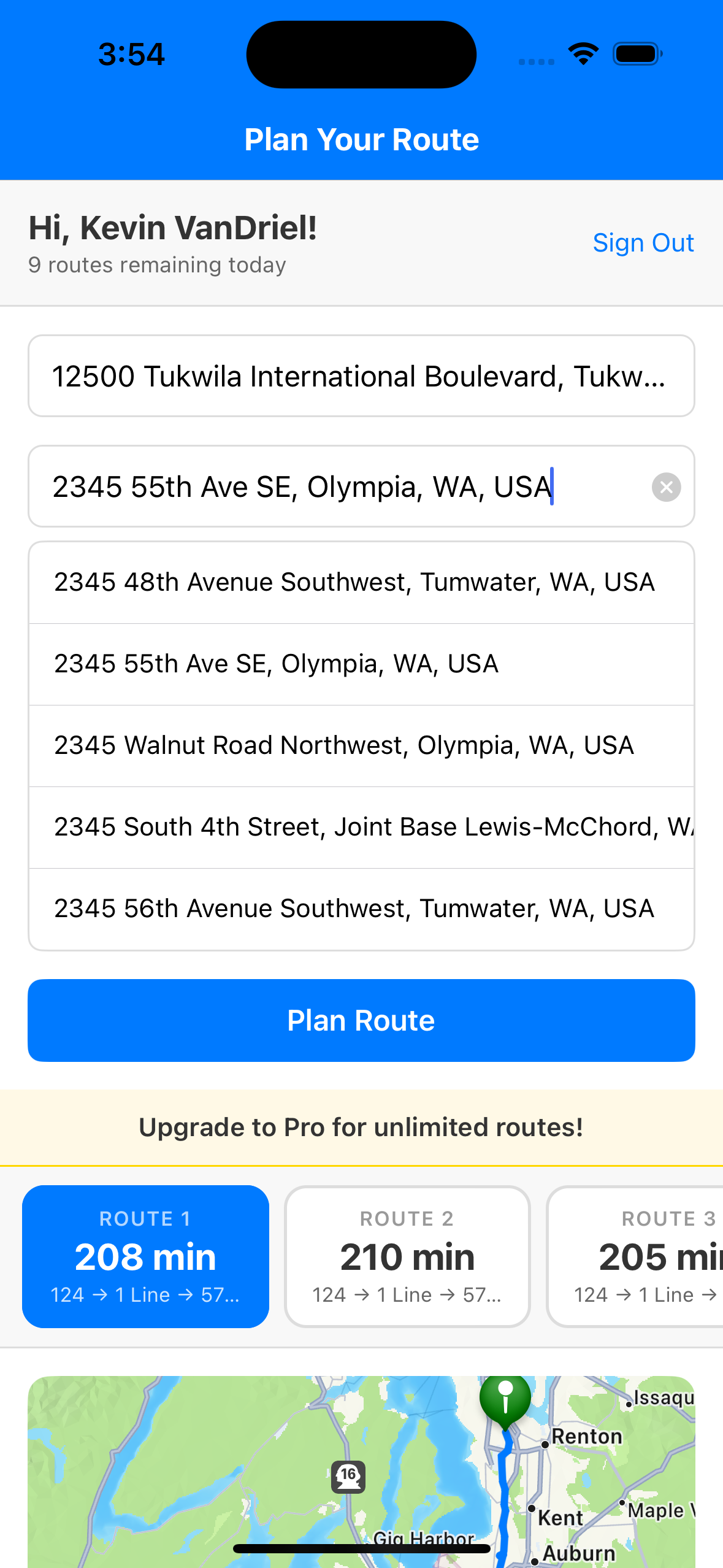 Transit Route Planner iOS App showing Google Maps route planning with autocomplete